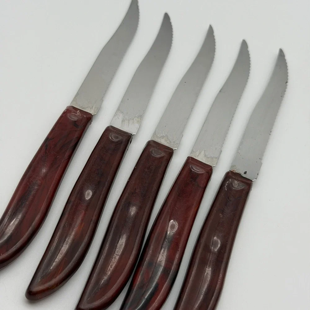 Vintage Quikut Stainless Steel Steak Knives Set of 5 Faux Tortoise Shell USA